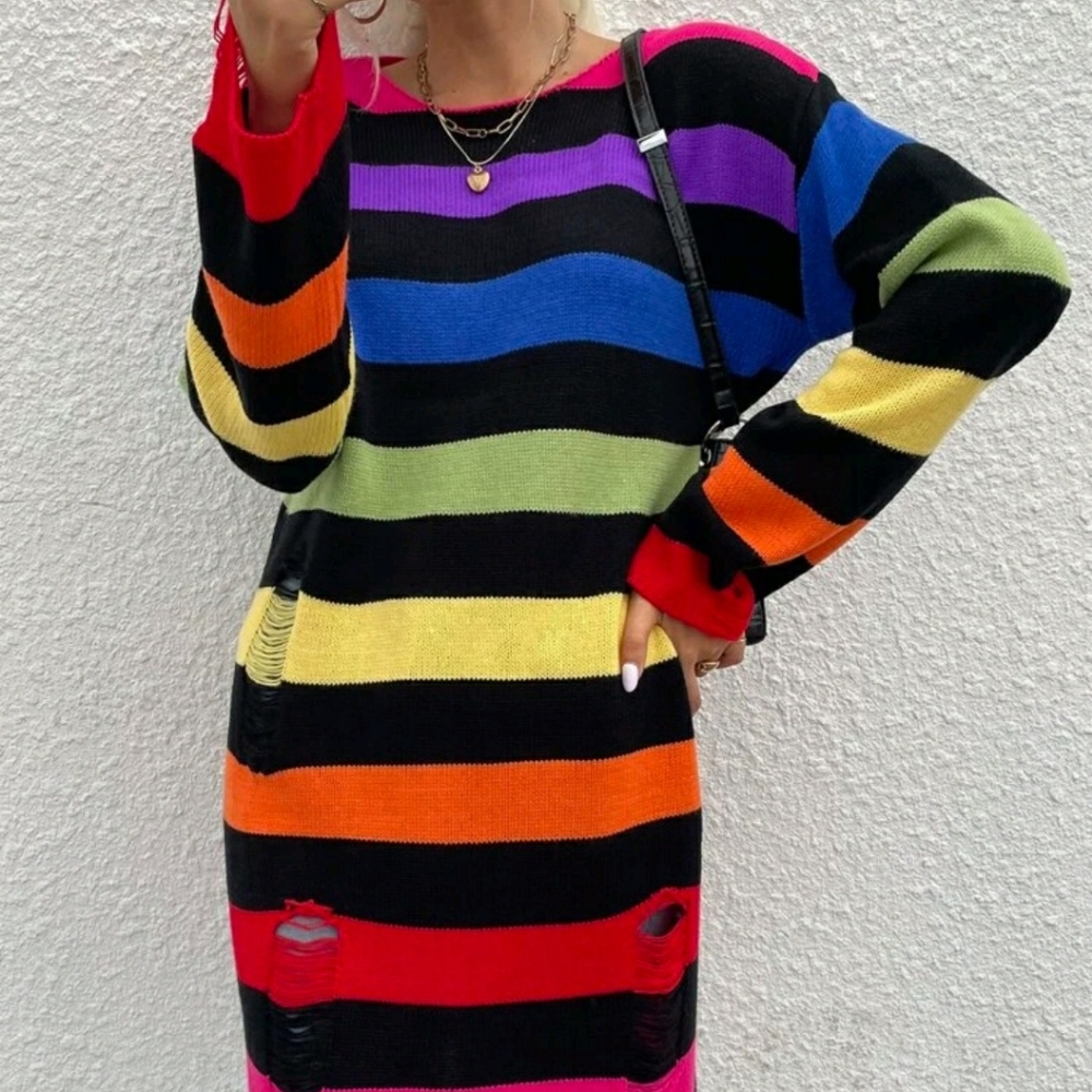 Drop Shoulder Rainbow Striped Pattern Sweater Dress - Picture 5 of 11